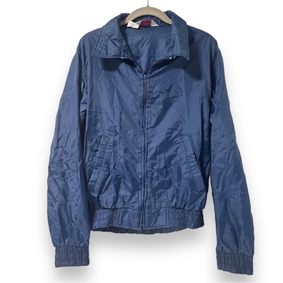 Vintage 80s The Warm-Up Navy Blue Nylon Zip-Up Jacket Men’s Size Medium Sporty - Picture 1 of 8